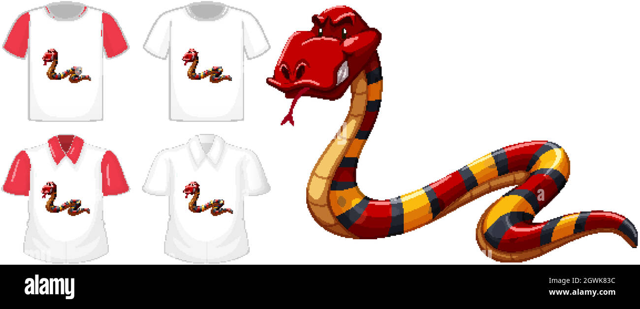 Ensemble de différentes chemises avec personnage de dessin animé serpent isolé sur fond transparent Illustration de Vecteur