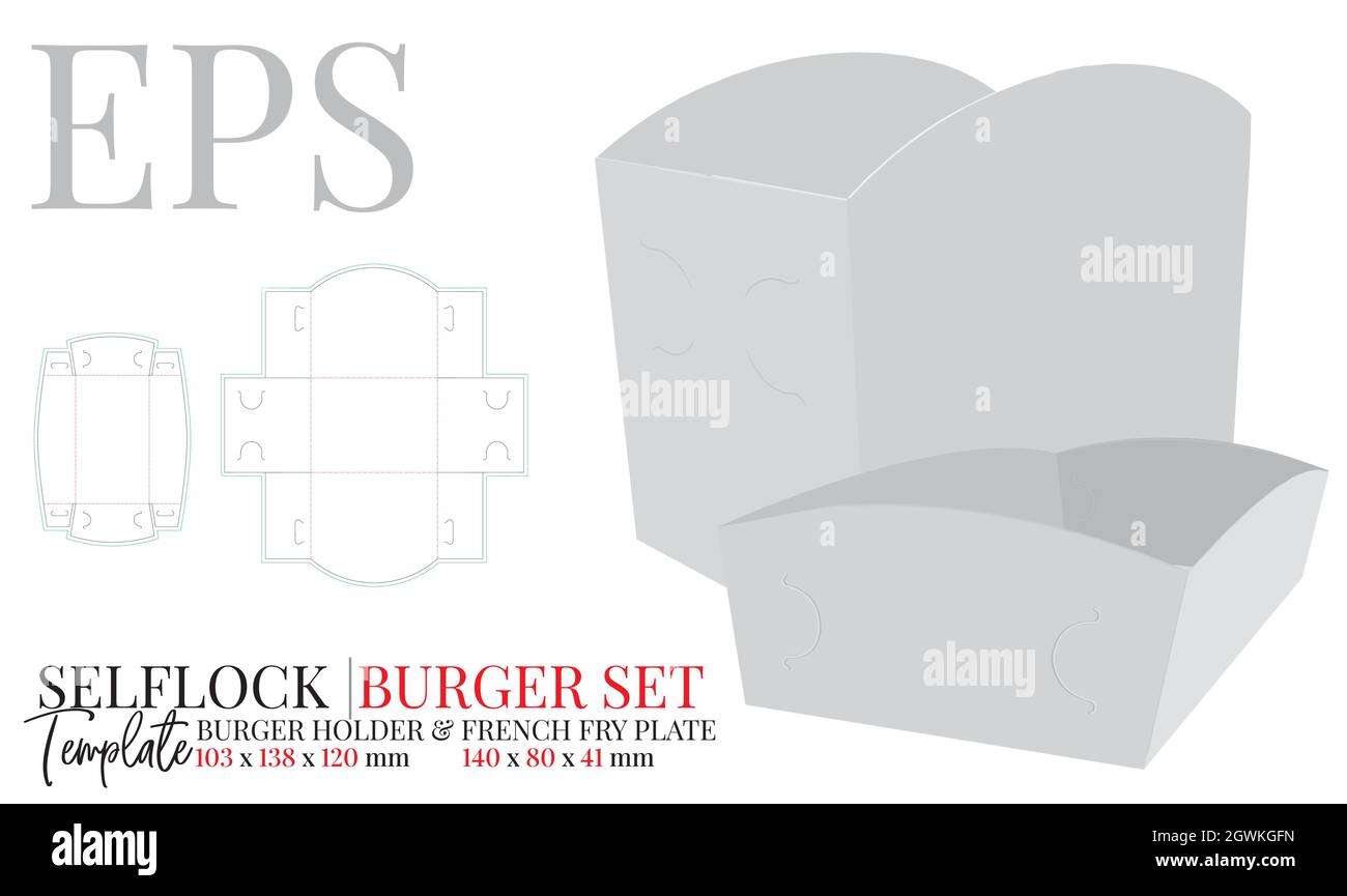 Boîte à hamburger et porte-frites, Vector.Modèle avec découpe et lignes de coupe au laser.Maquette blanche, transparente, vierge isolée sur blanc Illustration de Vecteur