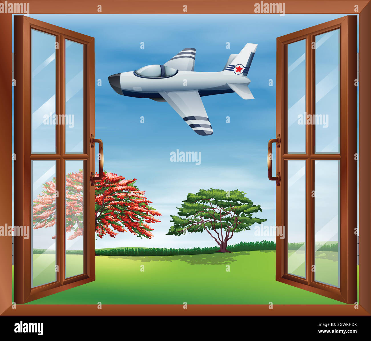 Une fenêtre ouverte avec un avion à l'extérieur Illustration de Vecteur