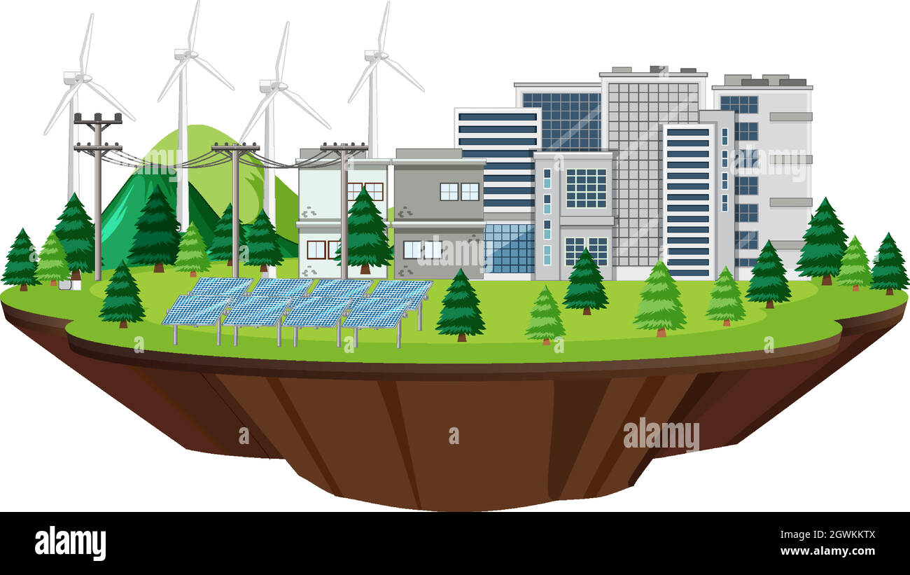 Scène avec des bâtiments avec des turbines et des cellules solaires Illustration de Vecteur