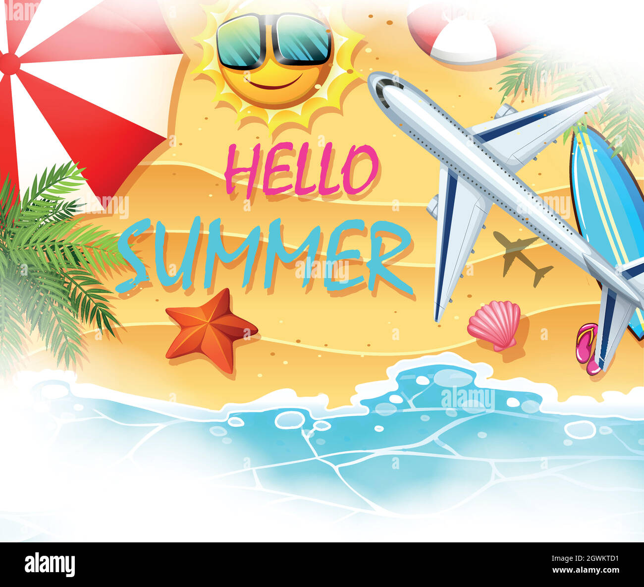 Thème d'été avec plage et avion Illustration de Vecteur