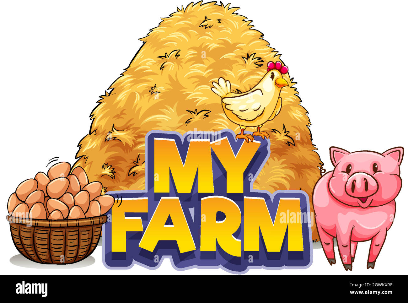 Police de conception pour mot ma ferme avec porc et poulet Illustration de Vecteur