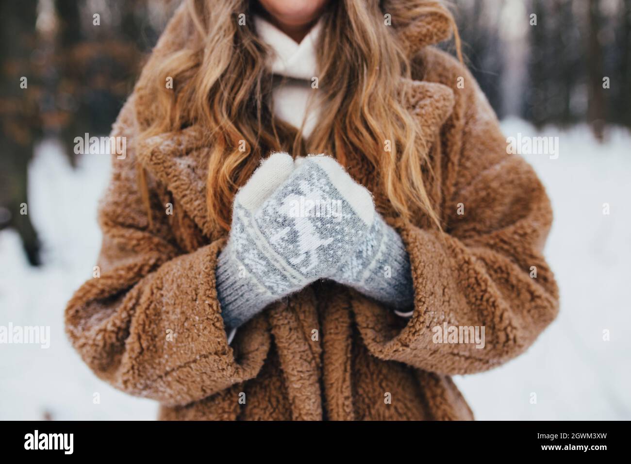 Jeune femme en manteau de fourrure, gants et écharpe dans la forêt de neige.Photo haute qualité Banque D'Images