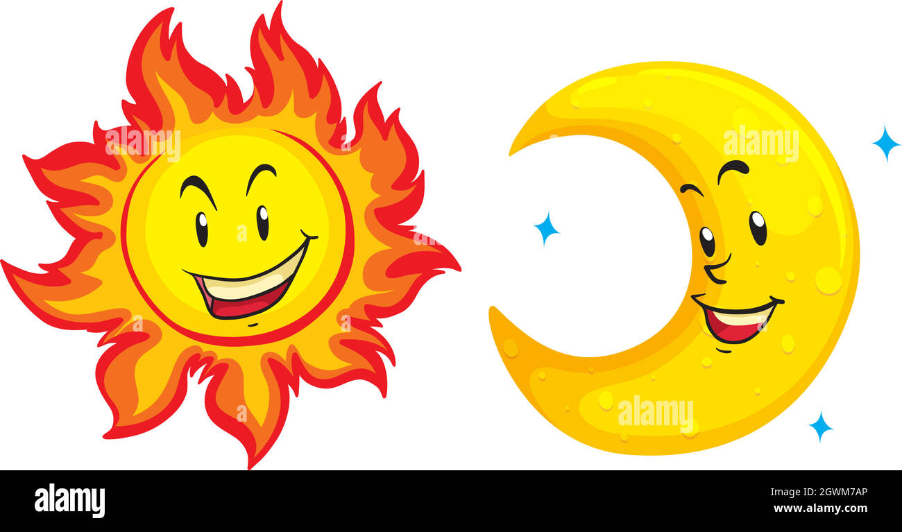 Soleil et lune au visage heureux Illustration de Vecteur