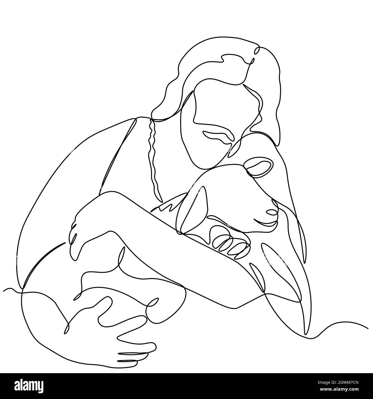 Un seul trait d'art continu dessiné d'un Jésus-Christ spirituel avec l'agneau. Image isolée d'un contour dessiné à la main sur un fond blanc. Illustration de Vecteur