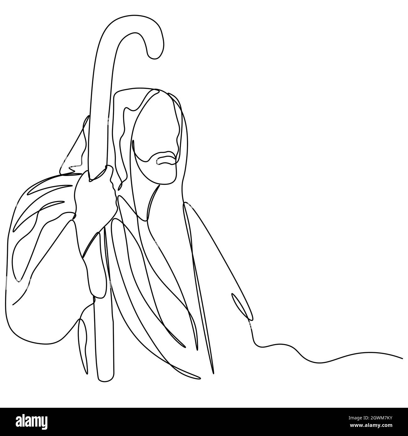 Un seul trait d'art continu dessiné d'un Jésus-Christ spirituel dans une robe avec une canne. Image isolée d'un contour dessiné à la main sur un backgrou blanc Illustration de Vecteur
