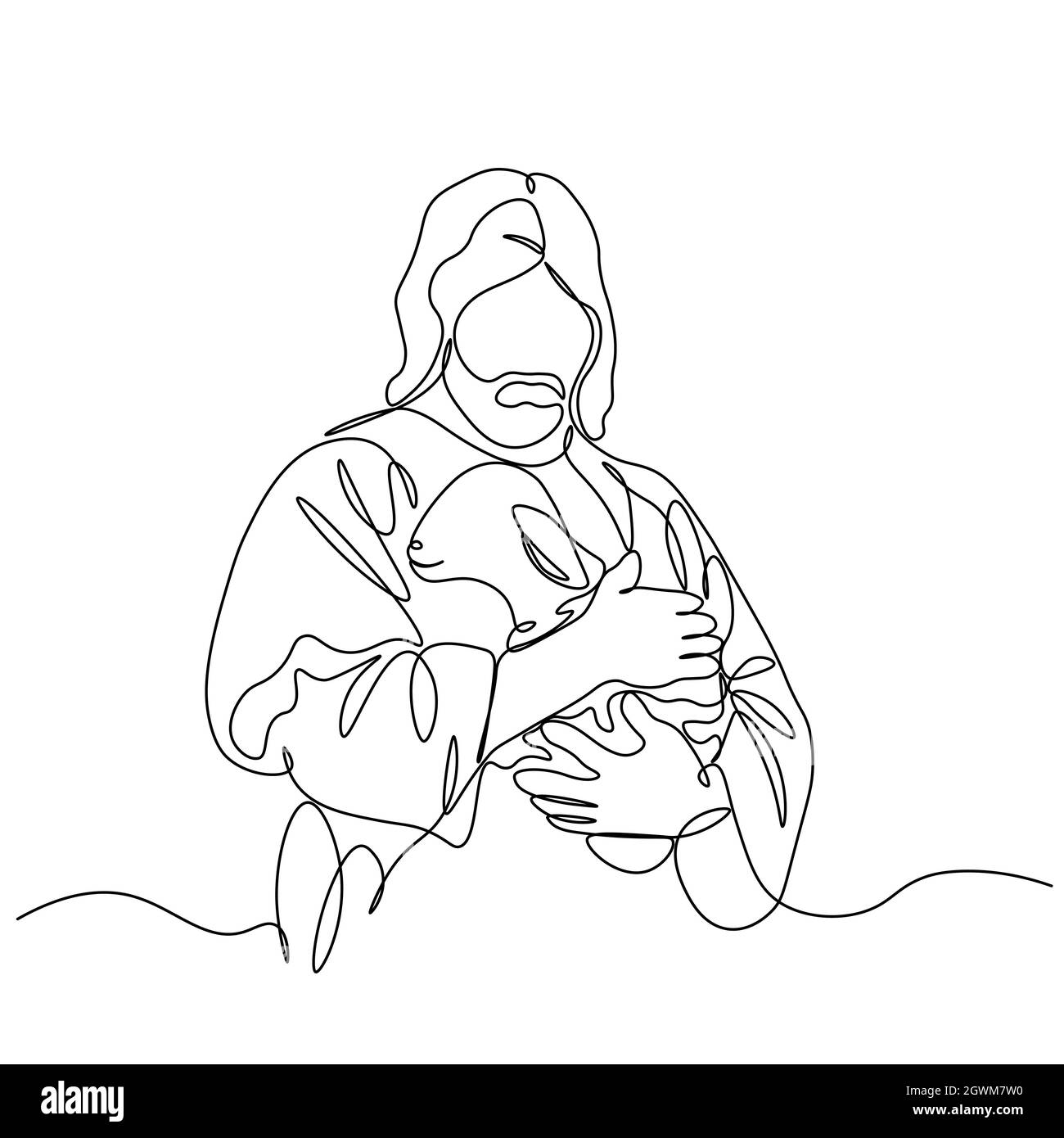 Un seul trait d'art continu dessiné d'un Jésus-Christ spirituel avec l'agneau. Image isolée d'un contour dessiné à la main sur un fond blanc. Illustration de Vecteur