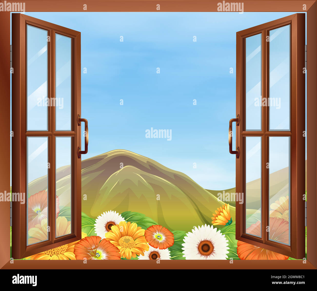 Une fenêtre avec une vue sur les fleurs en fleur à l'extérieur et la haute montagne Illustration de Vecteur