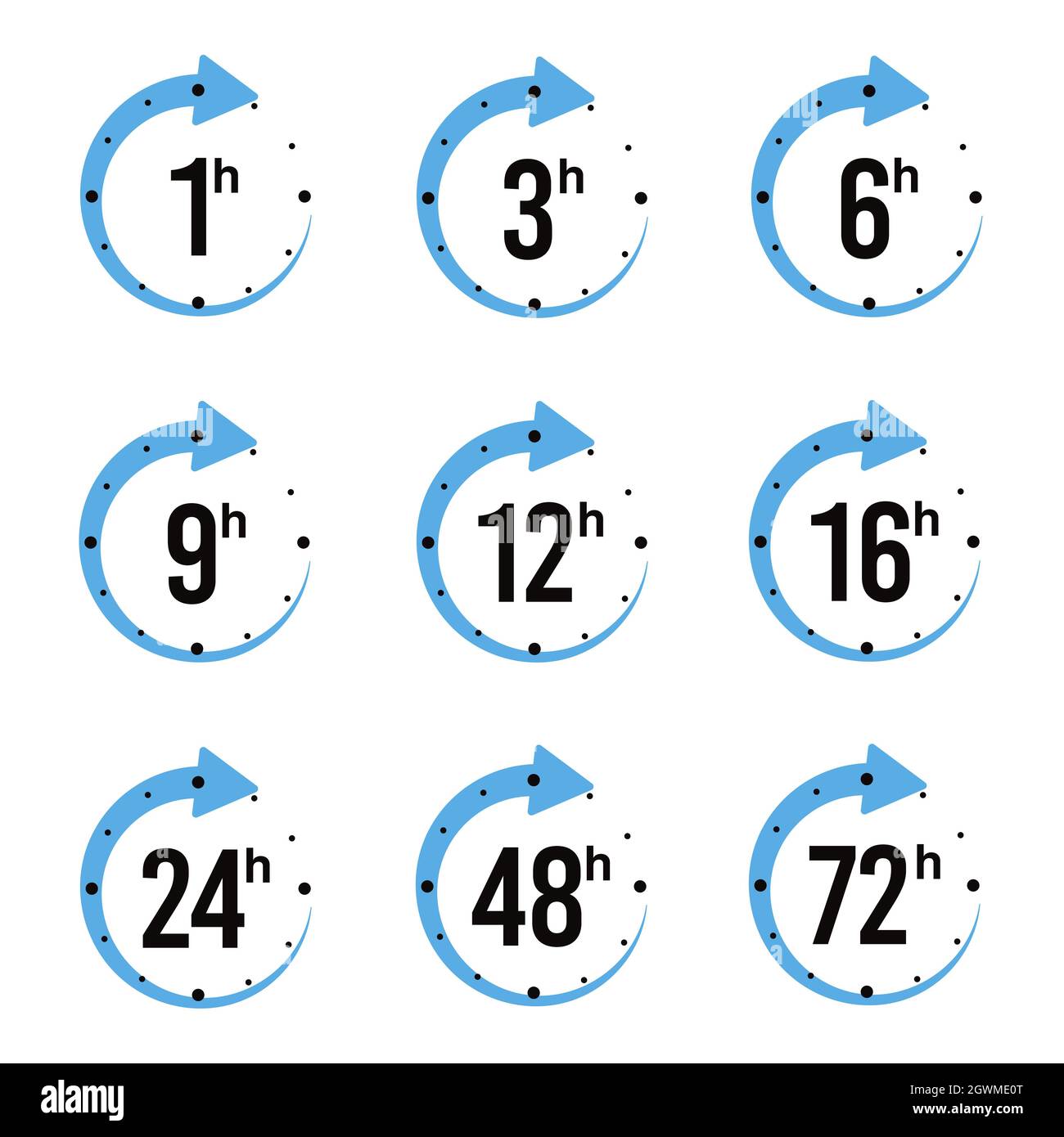 Jeu d'icônes d'heure de livraison flèche d'horloge 1, 3, 6, 9, 12, 16, 24, 48, 72 heures pour la conception, illustration vectorielle. Illustration de Vecteur
