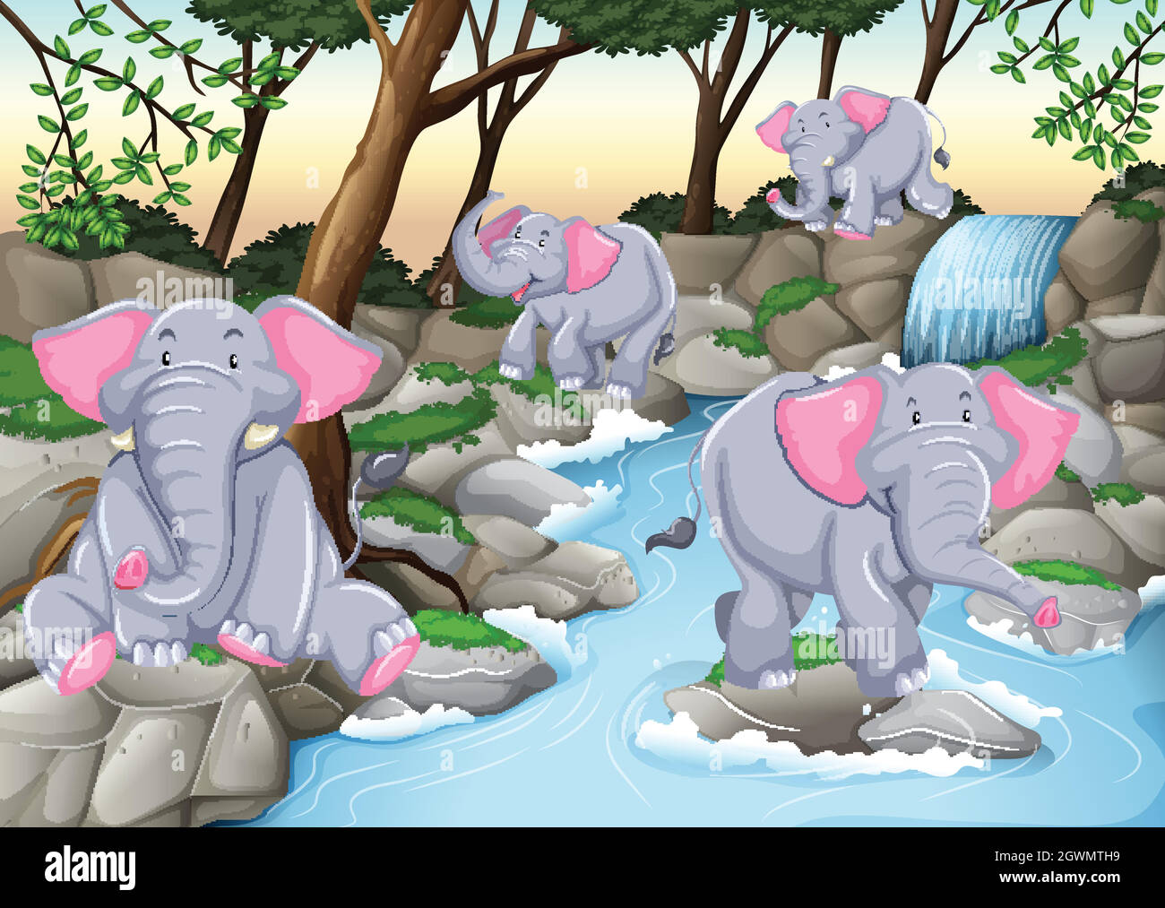 Quatre éléphants à la cascade Illustration de Vecteur