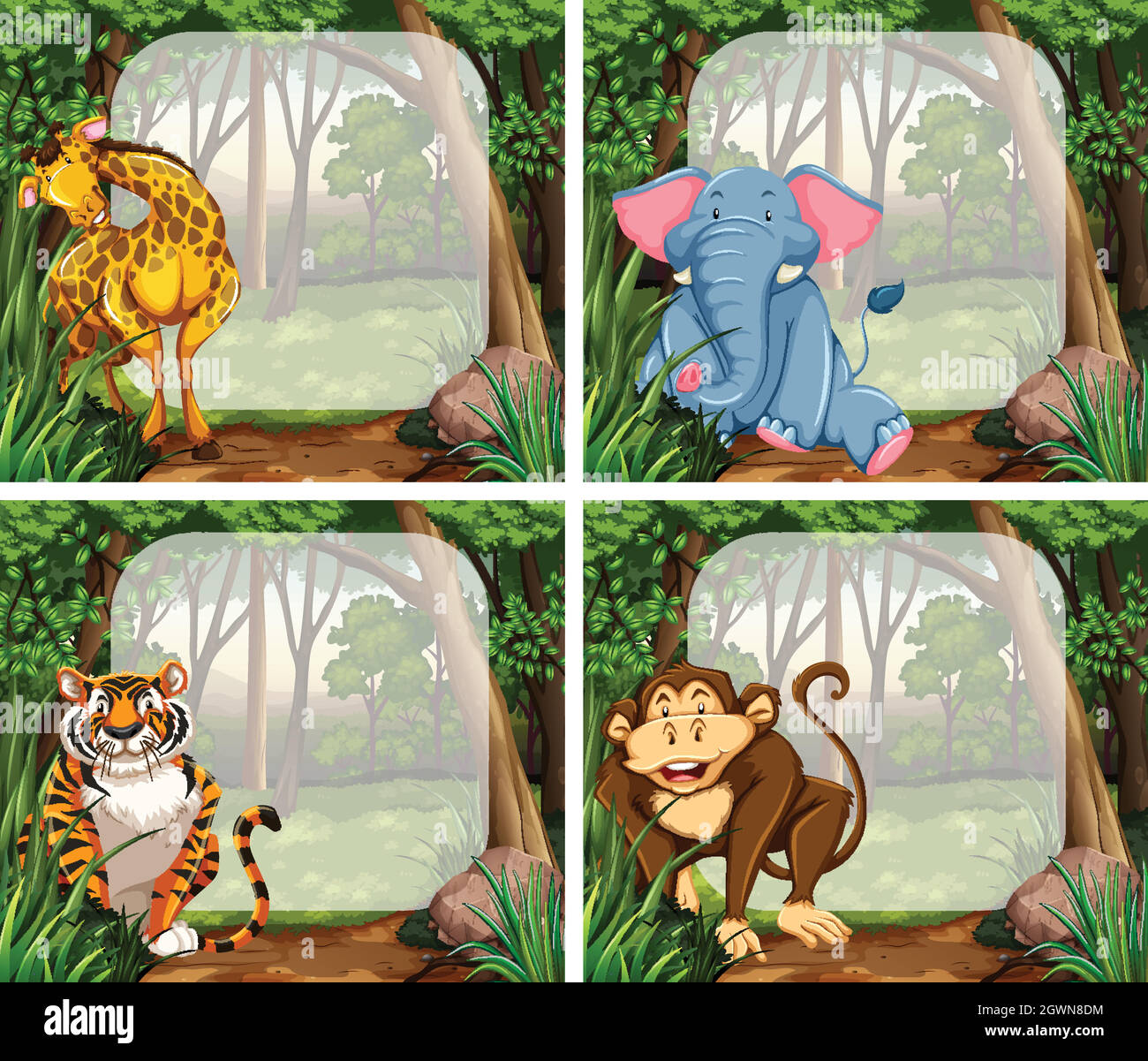 Décor de bordure avec animaux sauvages dans la jungle Illustration de Vecteur
