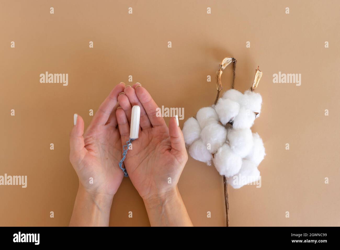 Une femme tient Un Tampon blanc dans ses mains.Jours de  menstruation.Concept hygiène et soins du corps Photo Stock - Alamy