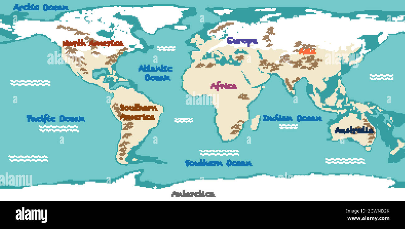 Carte du monde avec noms de continents et océans Illustration de Vecteur
