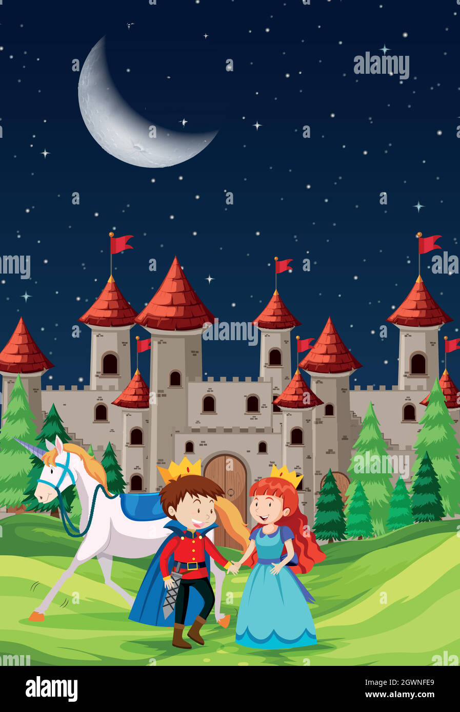 Prince et Princesse avec un château Illustration de Vecteur