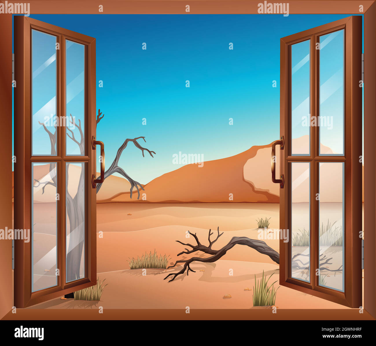 Une fenêtre ouverte avec vue sur le désert Illustration de Vecteur