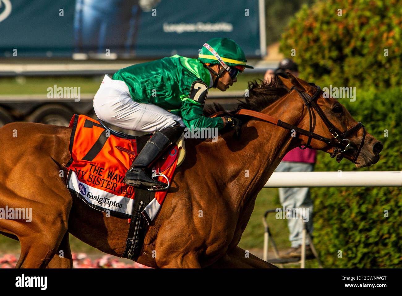 Belmont Park, Elmont, NY, États-Unis. 2 octobre 2021. Elmont, NY, Etats-Unis: 03 OCT 2021: Ma sœur NAT (FR), criblée par Jose Ortiz, remporte les piquets de Waya GR.3, 1 3/8 mile sur le gazon, à Belmont Park, Elmont, NY. Sue Kawczynski/Eclipse Sportswire/CSM/Alay Live News Banque D'Images