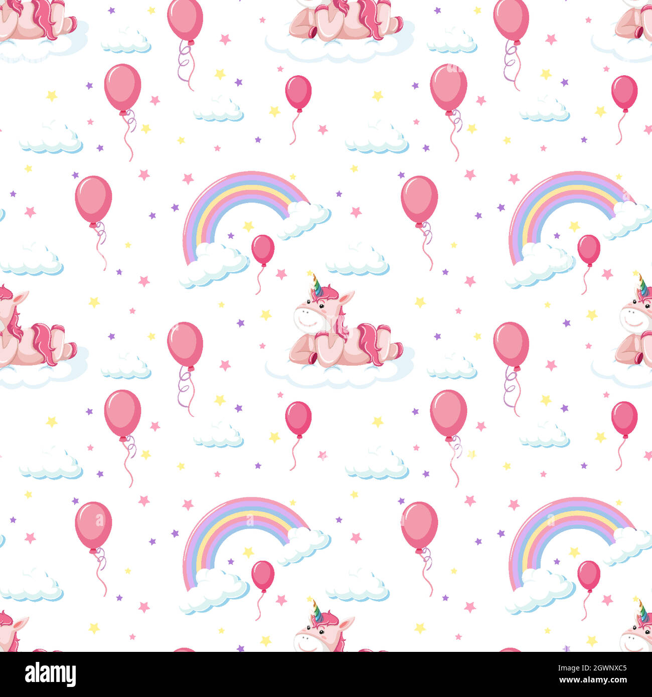 Motif sans couture adorable licorne avec arc-en-ciel et ballon Illustration de Vecteur