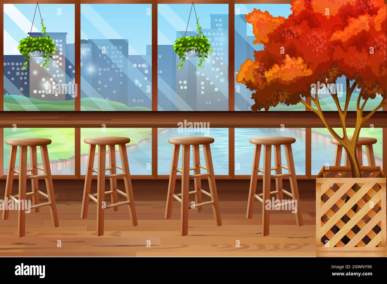 Intérieur du café avec bar et tabourets Illustration de Vecteur