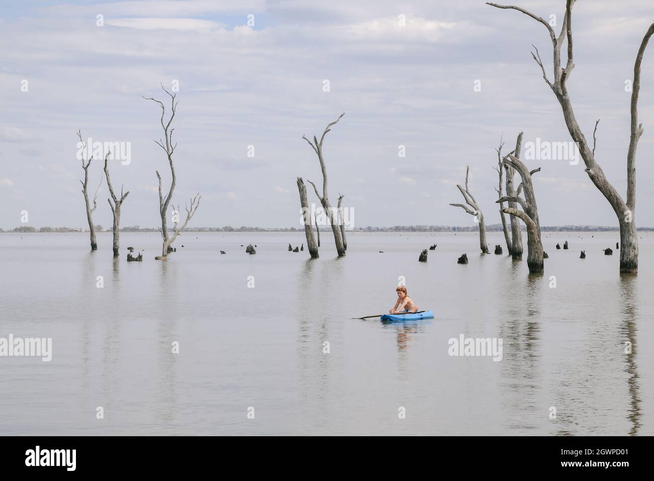 Les enfants font du kayak en été à Kow Swamp Victoria, en Australie Banque D'Images