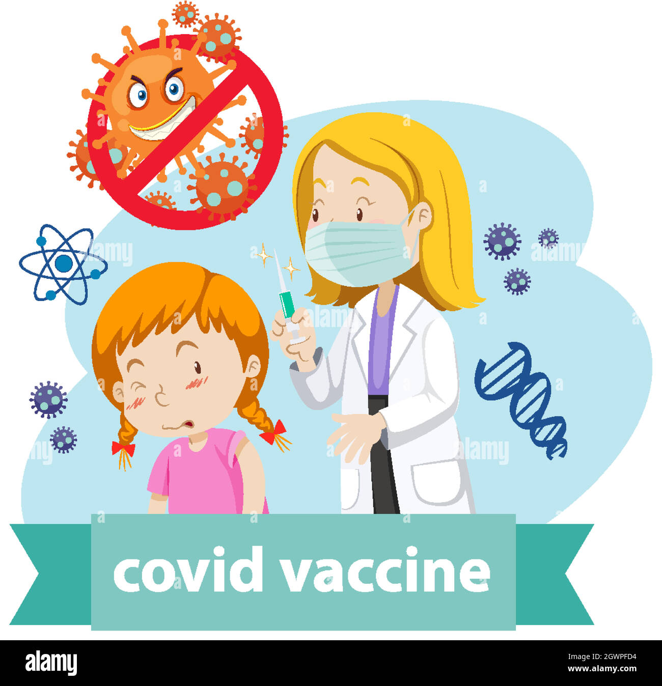 Un médecin porte un masque et tient une seringue médicale avec une aiguille pour le covid-19 ou le coronavirus et un logo ou une bannière de fille Illustration de Vecteur