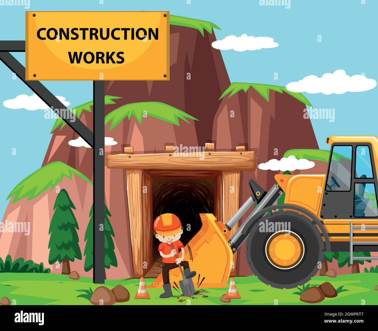 Chantier de construction avec homme et bulldozer Illustration de Vecteur