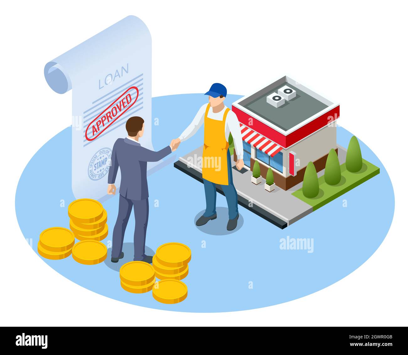Concept financier de forme de prêt isométrique de petite entreprise. Boutique qui obtiennent des prêts de la banque sans garantie Illustration de Vecteur