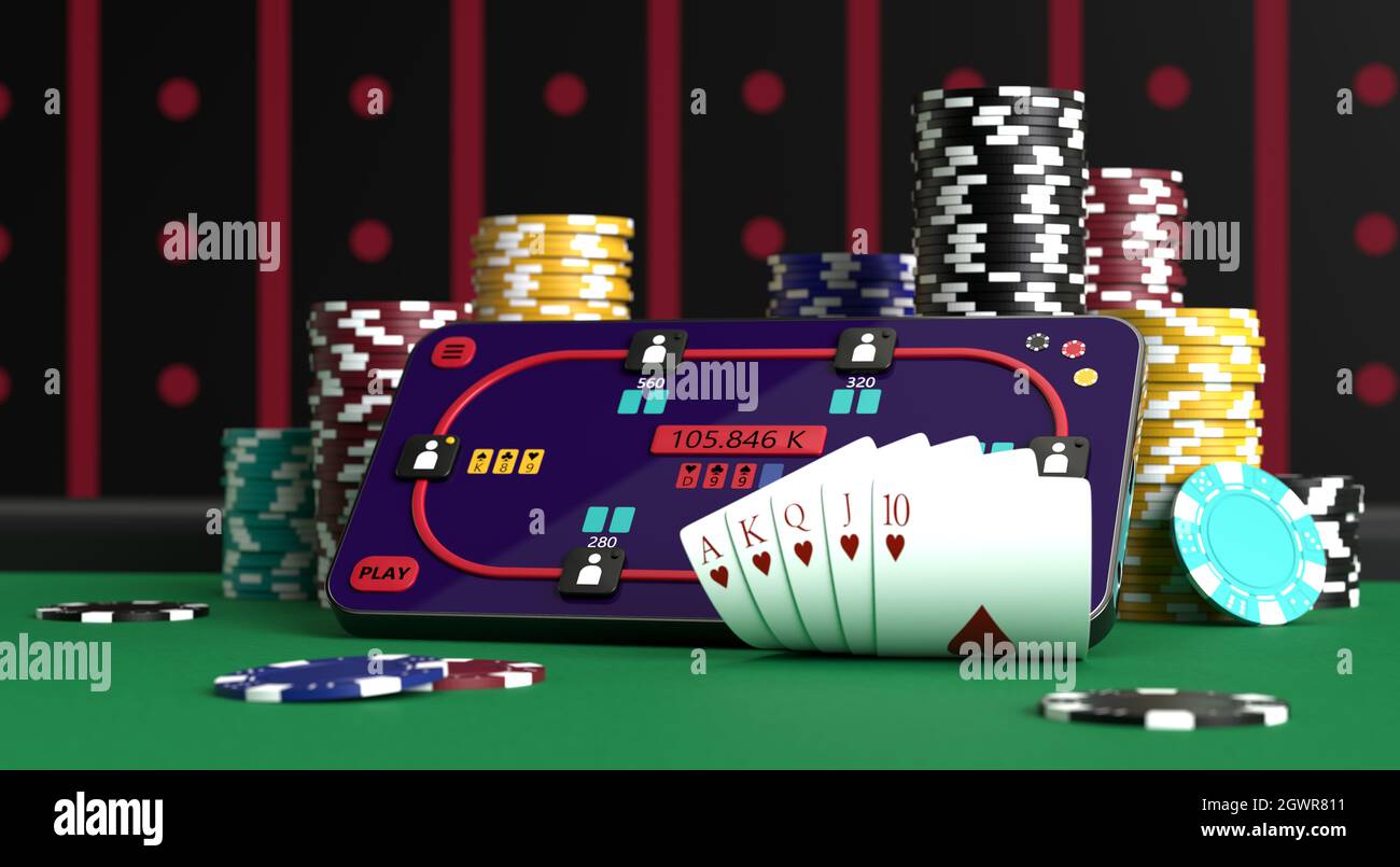 Poker en ligne. Smartphone ou téléphone mobile, jetons de poker, cartes sur une table verte dans un casino. Illustration 3D Banque D'Images