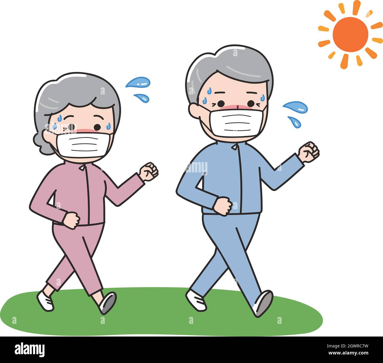 Le couple de personnes âgées diète pour perdre du poids en marchant avec un masque et beaucoup de sueur.Illustration vectorielle sur fond blanc. Illustration de Vecteur