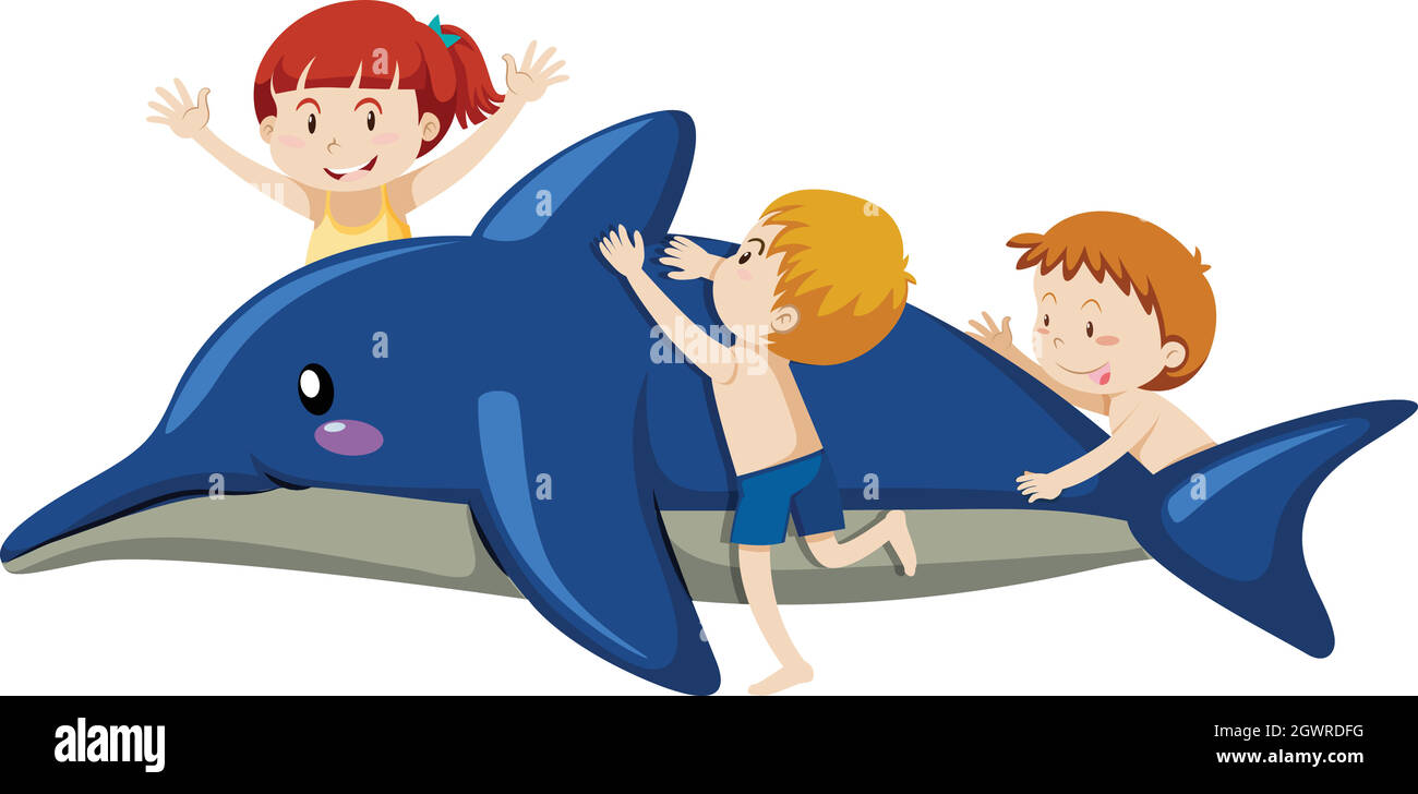 Enfants jouant avec le dauphin gonflable Illustration de Vecteur