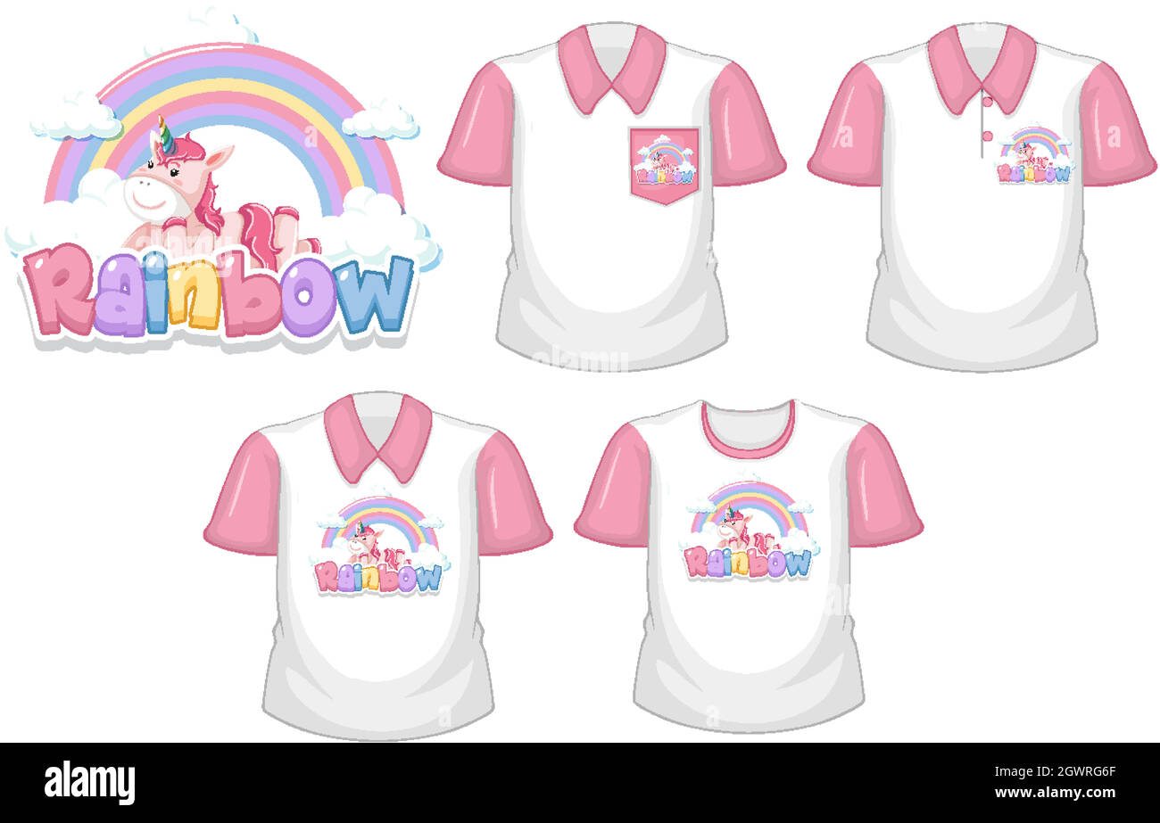 Licorne avec logo arc-en-ciel et ensemble de chemises blanches à manches courtes roses isolées sur fond blanc Illustration de Vecteur