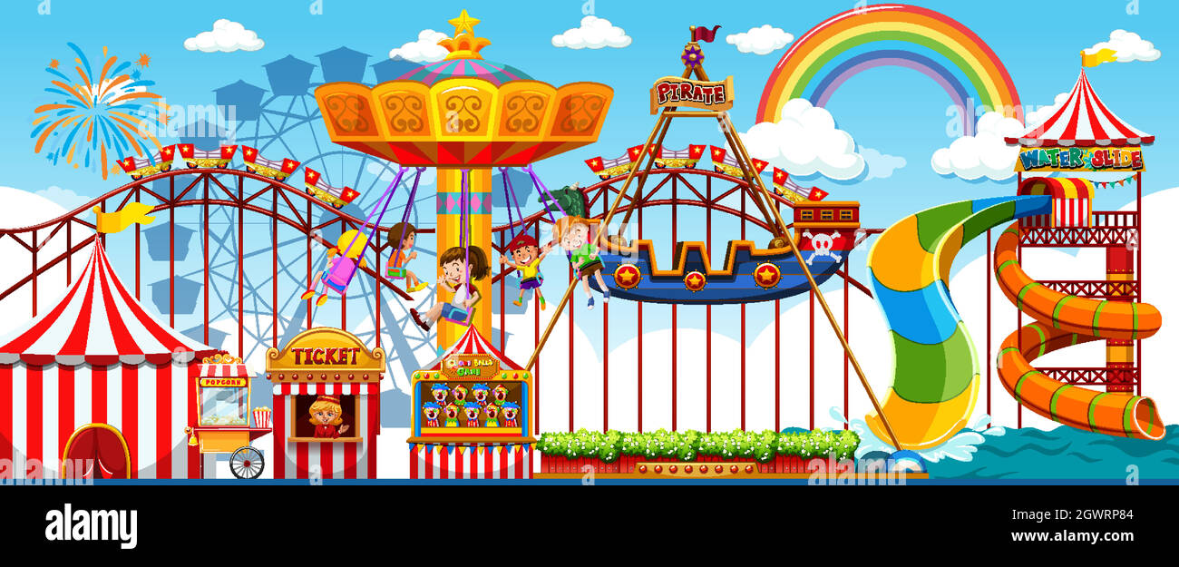 Scène de parc d'attractions en journée avec arc-en-ciel dans le ciel Illustration de Vecteur