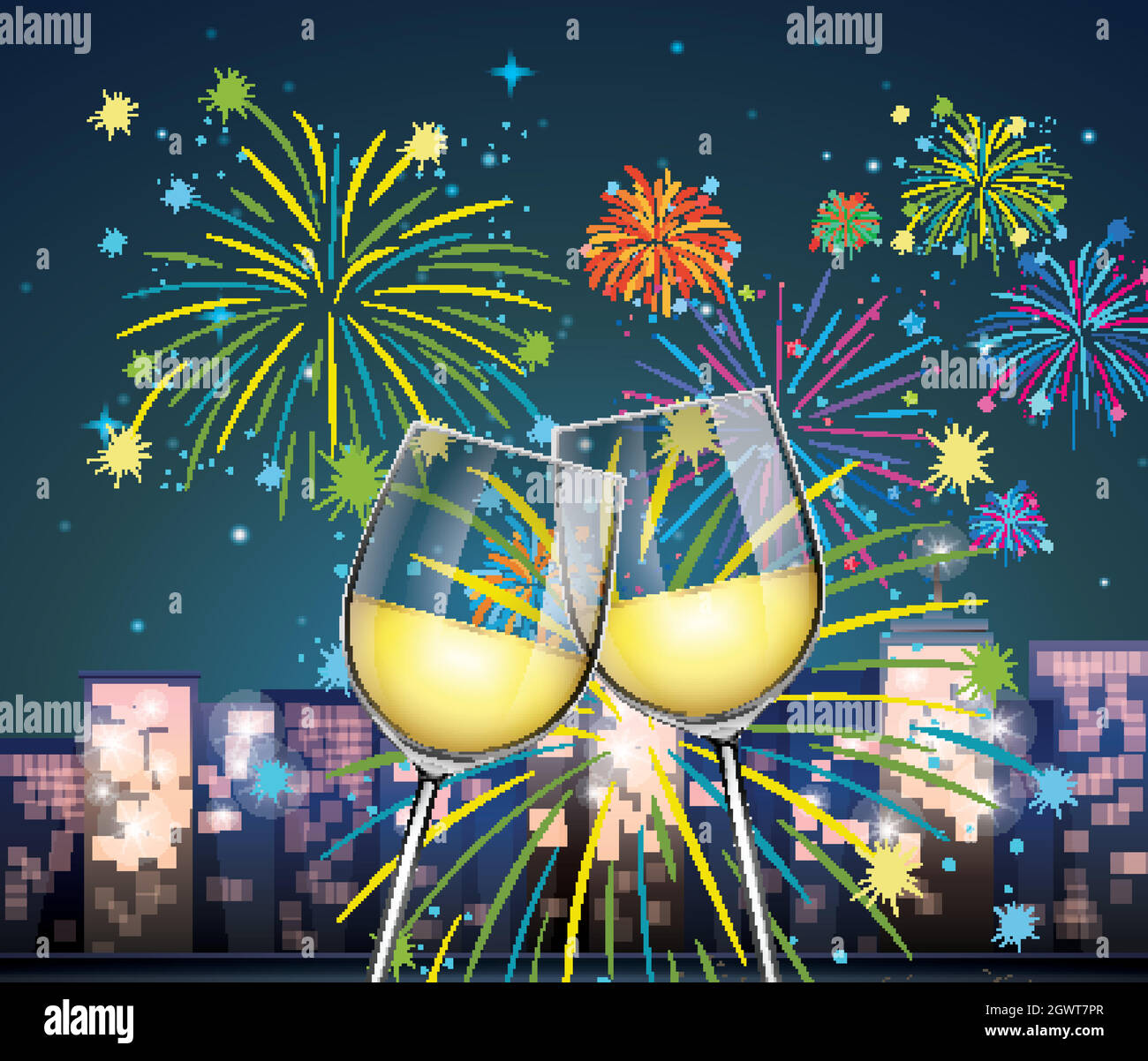 Arrière-plan avec deux verres de champagne et feux d'artifice Illustration de Vecteur
