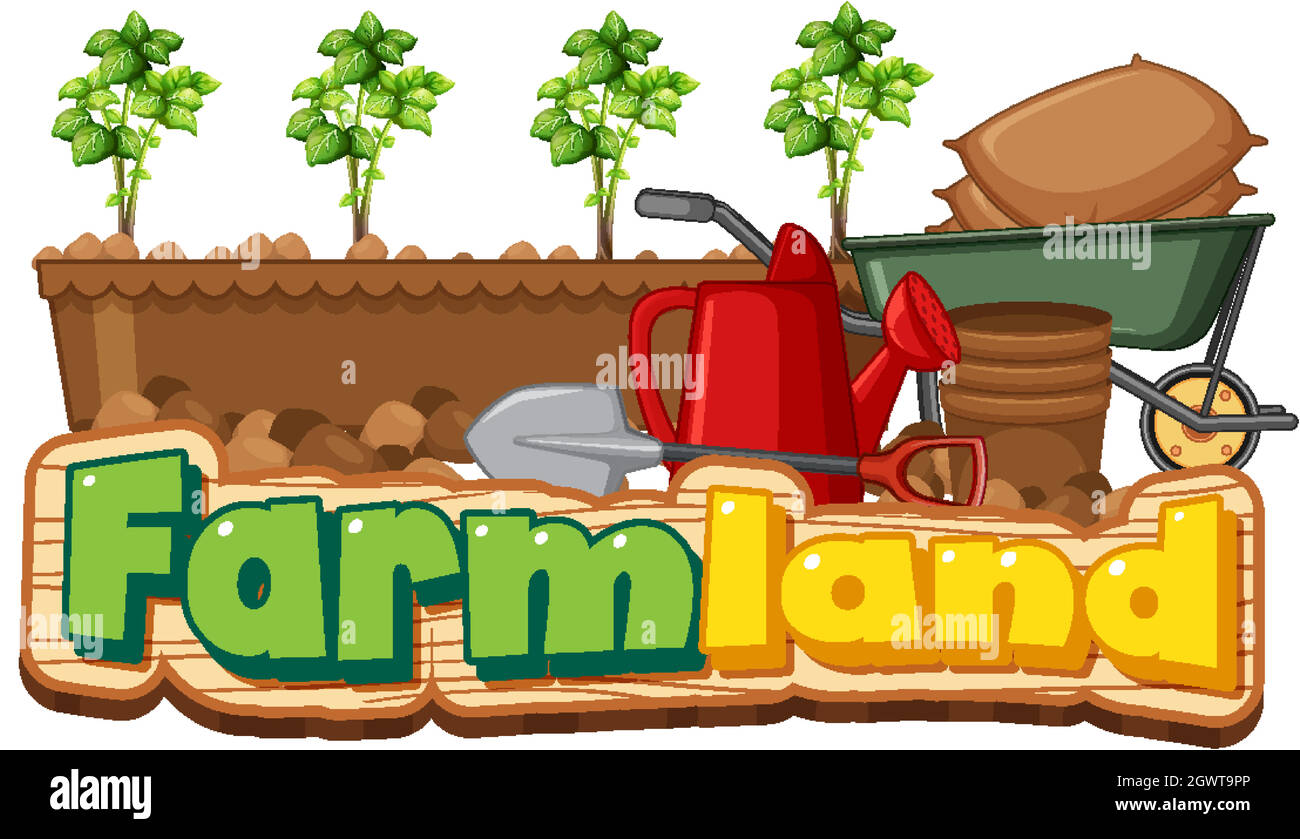 Logo ou bannière de terres agricoles avec outils de jardinage isolés sur fond blanc Illustration de Vecteur