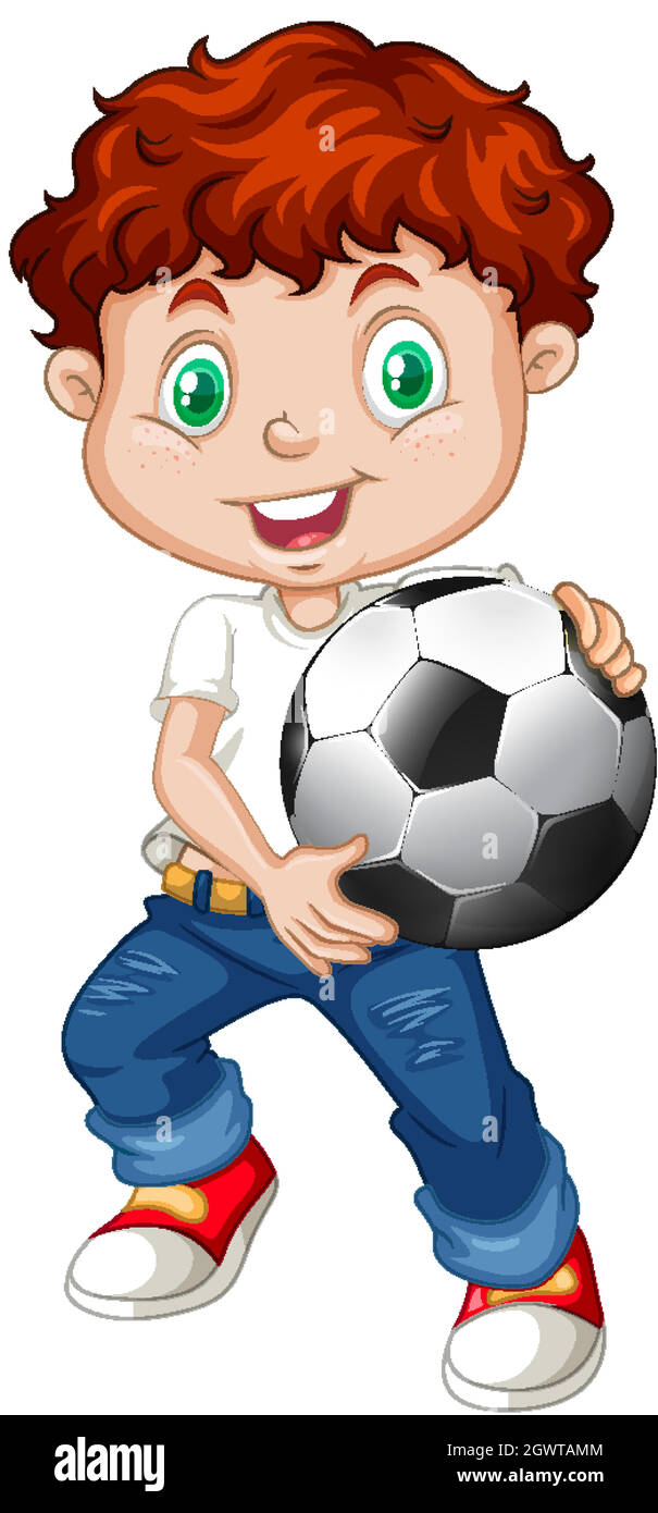 Joli personnage de dessin animé jeune tenant le football Illustration de Vecteur