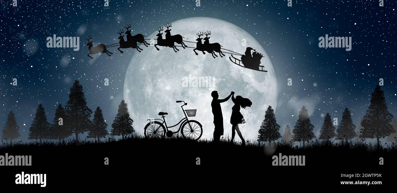 Silhouette du Père Noël faites un tour sur leur renne sur toute la lune le soir de Noël. Un couple dansant sous la pleine lune. Banque D'Images