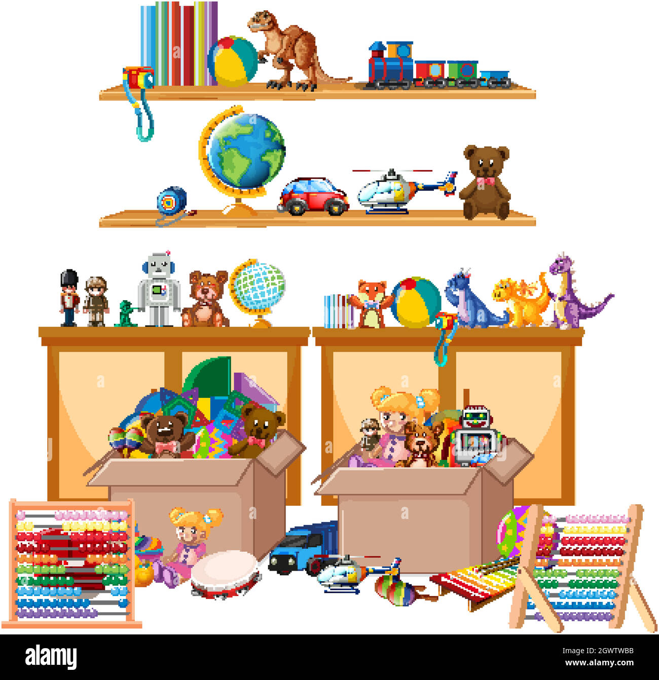 Tablette pleine de livres et de jouets sur fond blanc Illustration de Vecteur
