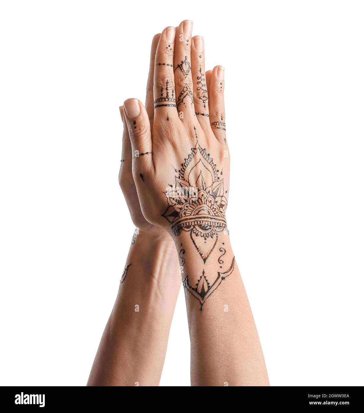 Tatouage Femme Poignet Main Mains de femmes avec tatouage au henné sur fond blanc Photo Stock - Alamy