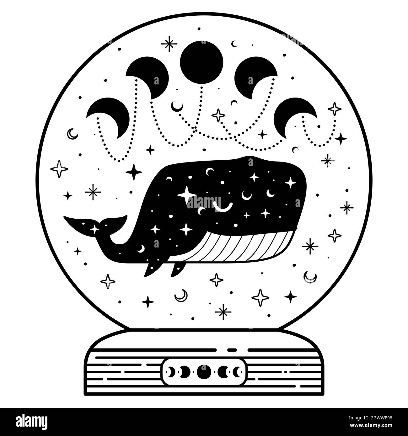 Boule magique mystique avec phases de baleine céleste et de lune Illustration de Vecteur