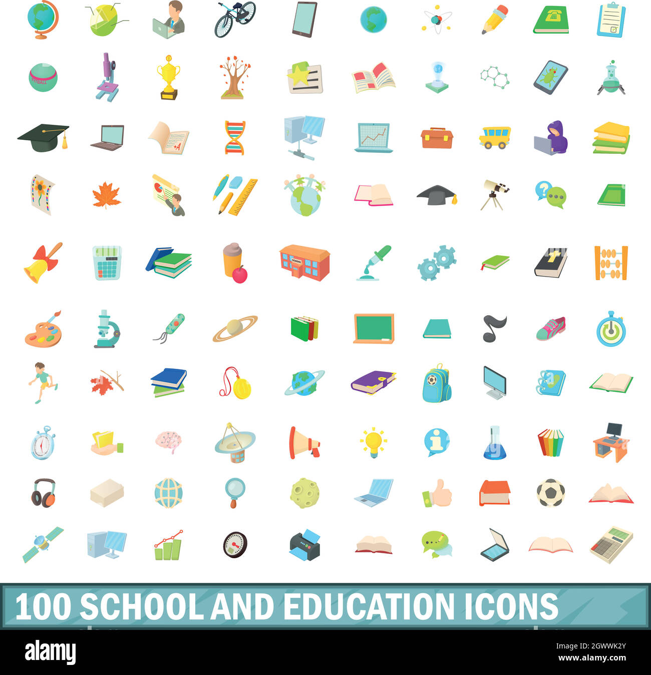 100 l'école et l'éducation, l'ensemble des icônes de style cartoon Illustration de Vecteur