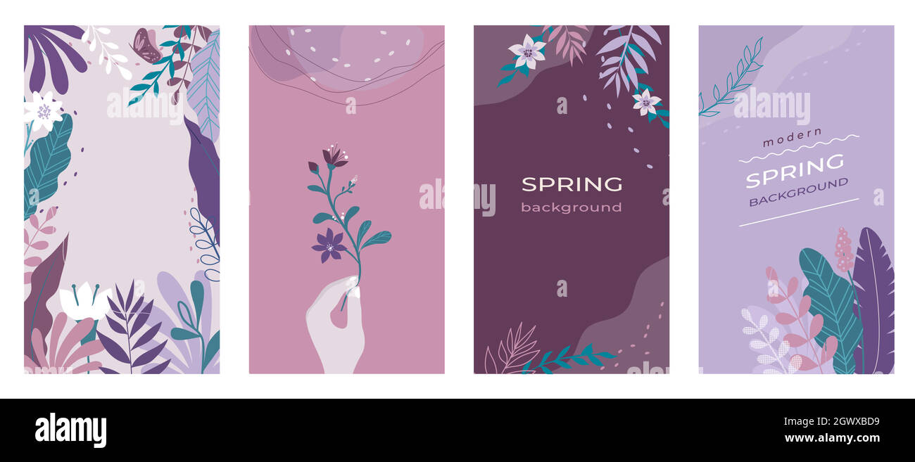 Fleurs abstraites histoires de médias sociaux fonds de printemps organiques ensemble avec des combinaisons de couleurs modernes, formes, fleurs, plantes et main, format vertical pour la publicité, illustration de vecteur de marque. Illustration de Vecteur