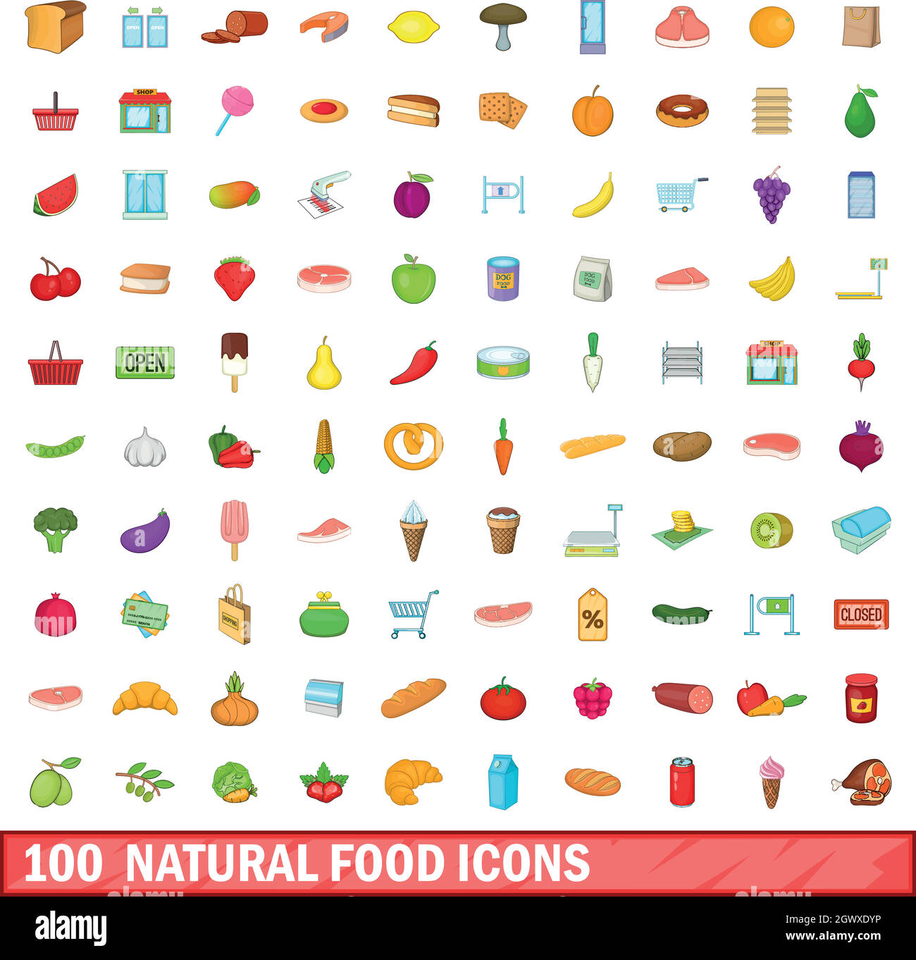 100 natural food icons set, cartoon style Illustration de Vecteur