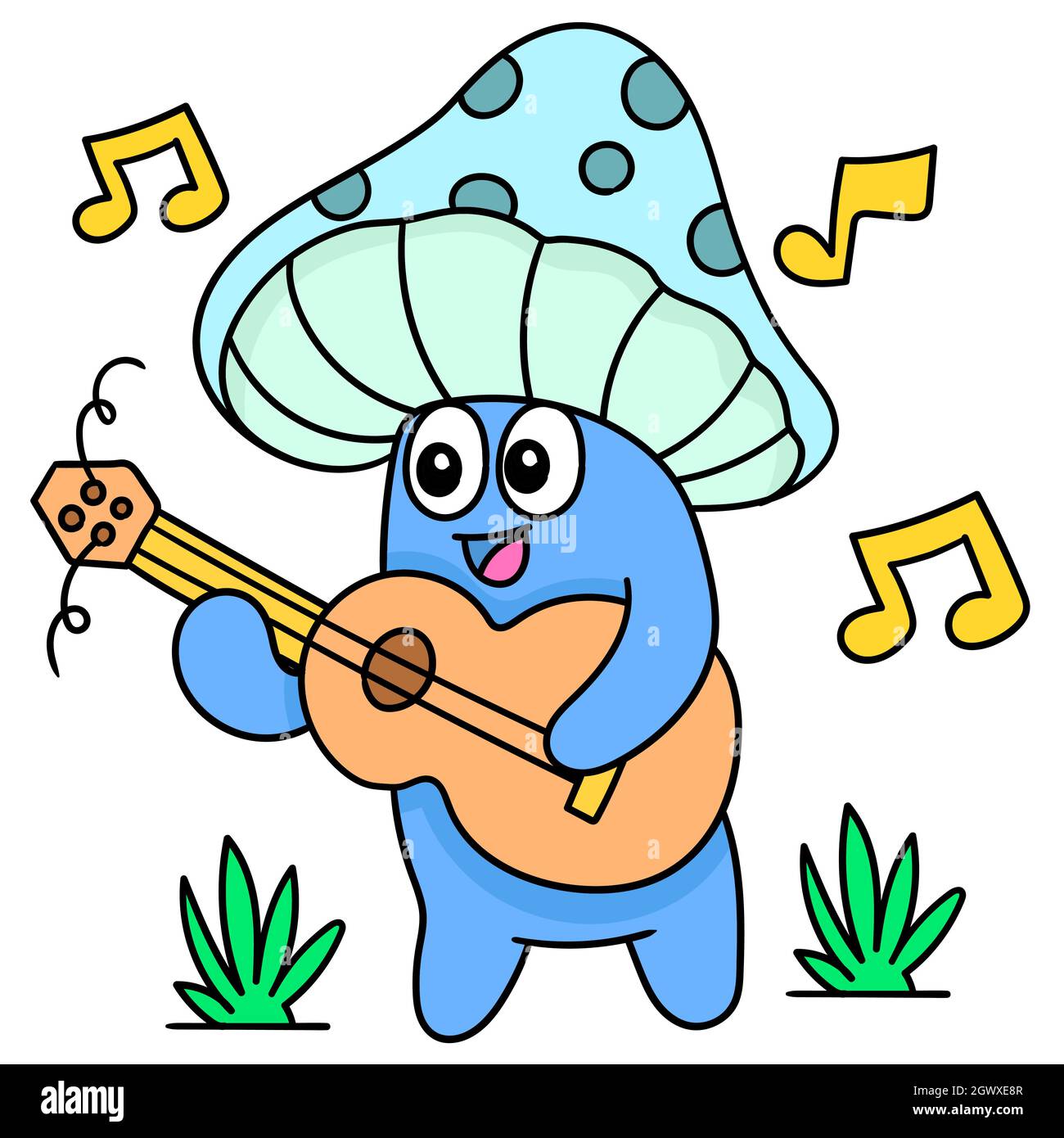 champignon avec un visage drôle souriant tout en chantant une chanson portant une guitare Illustration de Vecteur