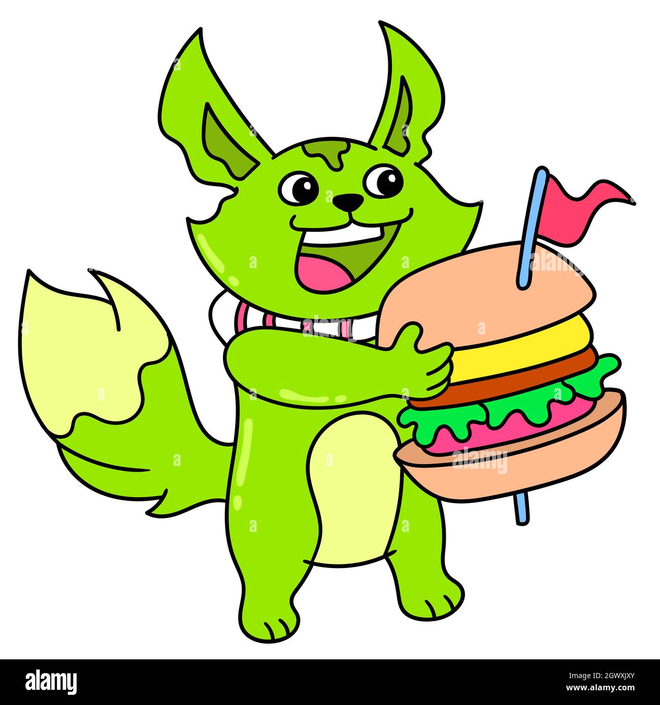 le renard gras a apporté un grand hamburger à manger Illustration de Vecteur