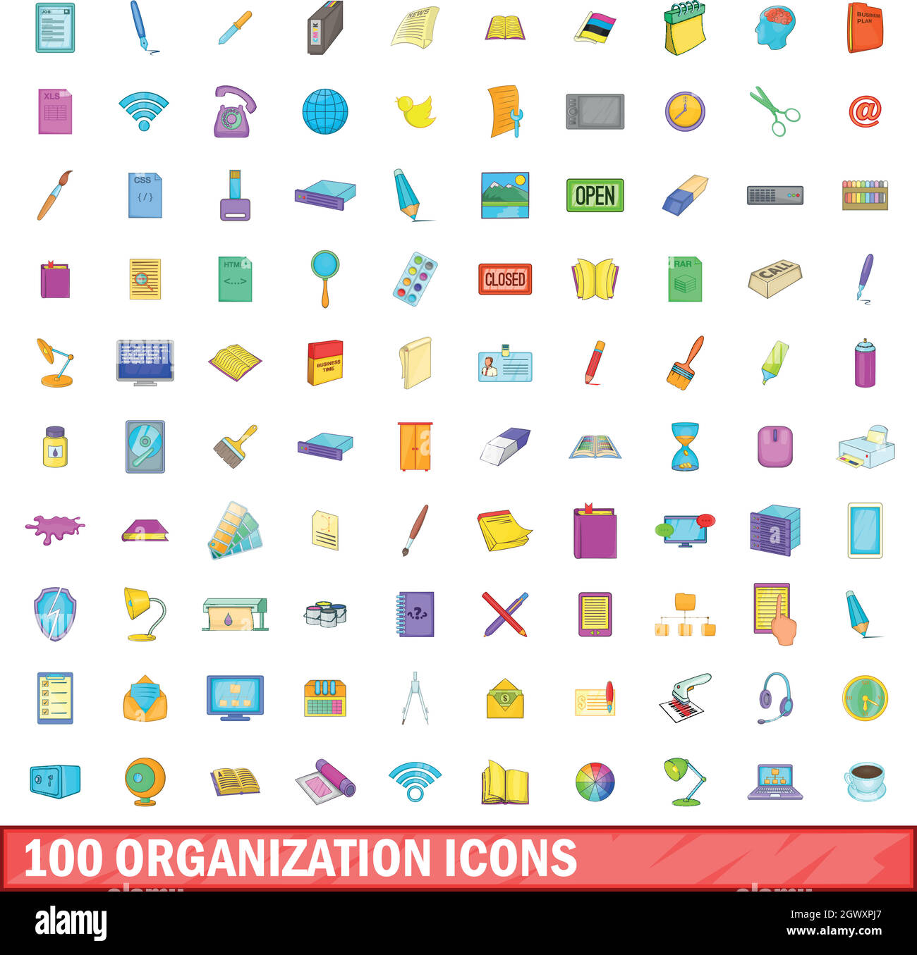 Organisation 100 icons set, cartoon style Illustration de Vecteur