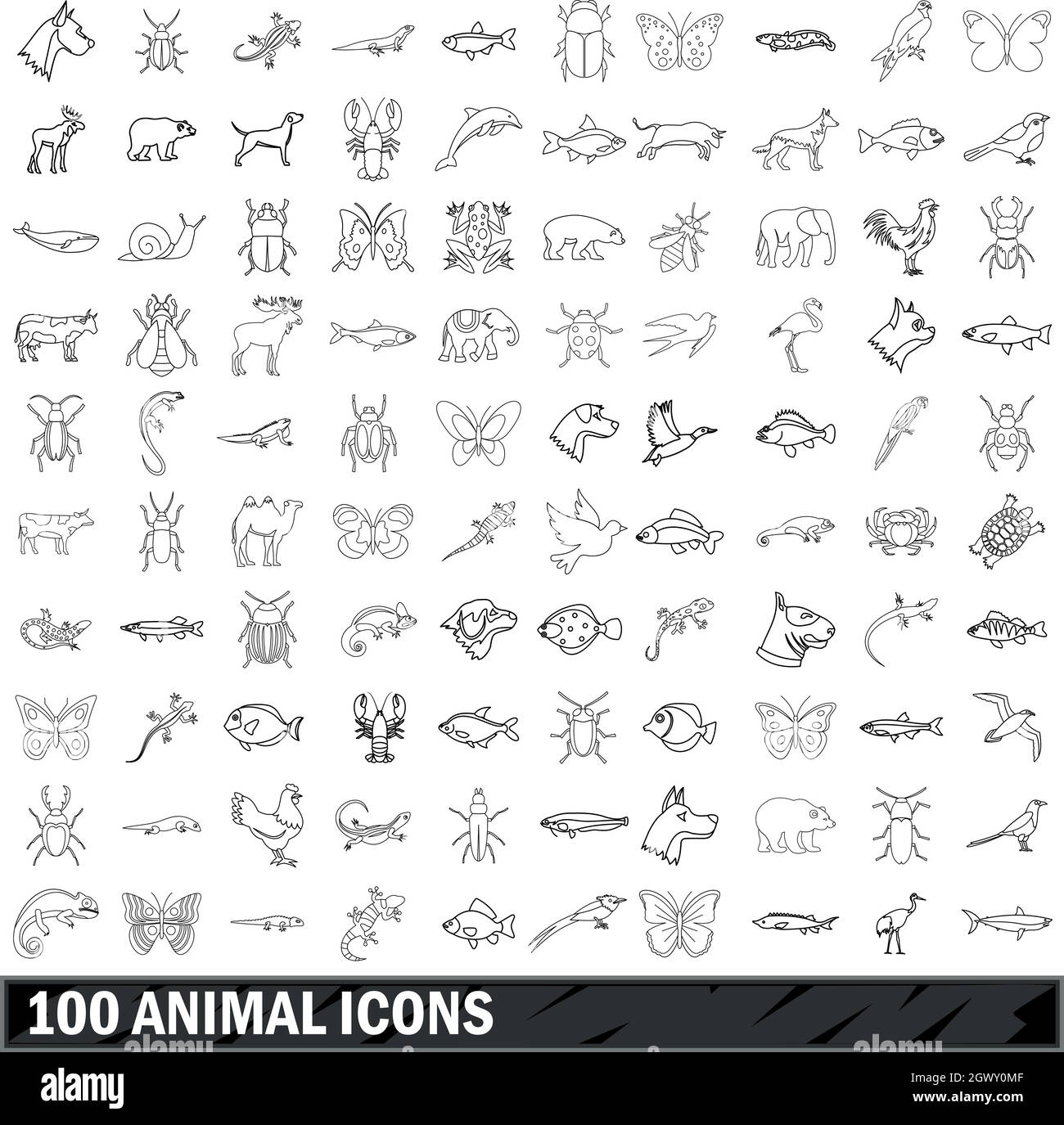 100 icons set animaux style du contour, Illustration de Vecteur