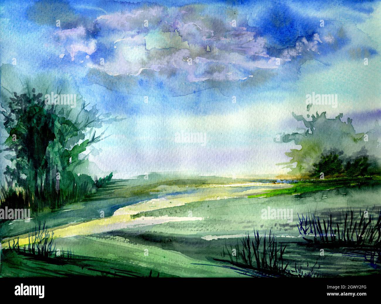 paysage d'été avec verdure, nuages et rivière, aquarelle. Vue sur la rivière. Banque D'Images