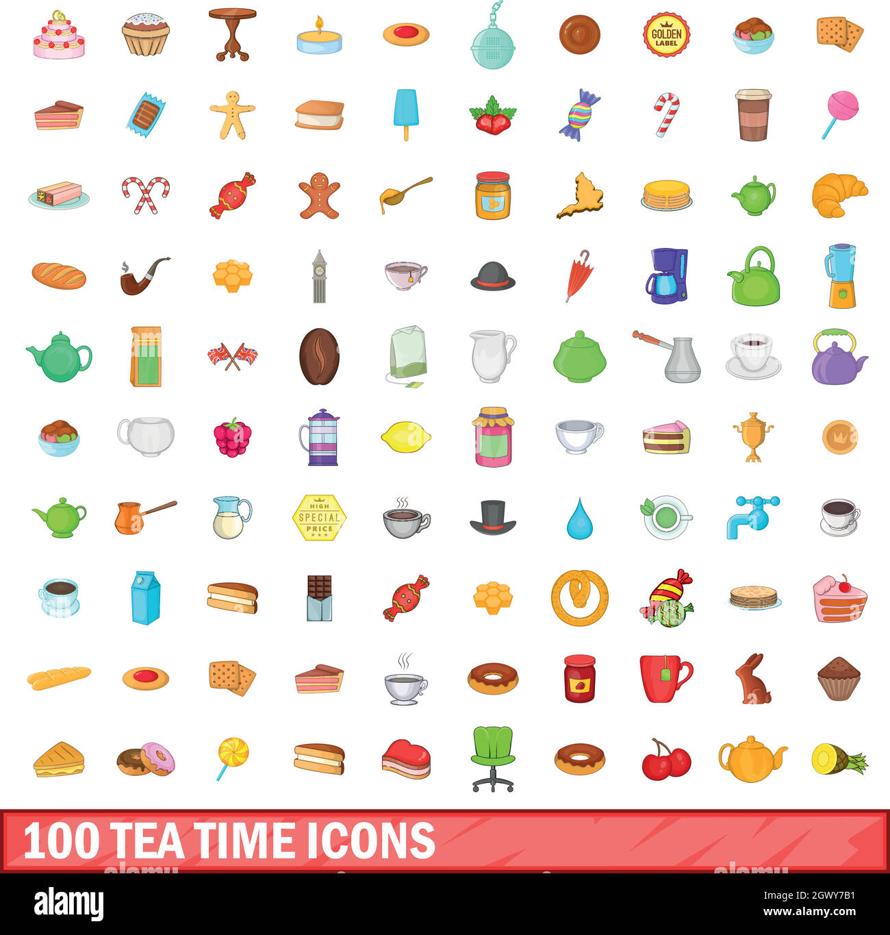 100 l'heure du thé, cartoon style icons set Illustration de Vecteur