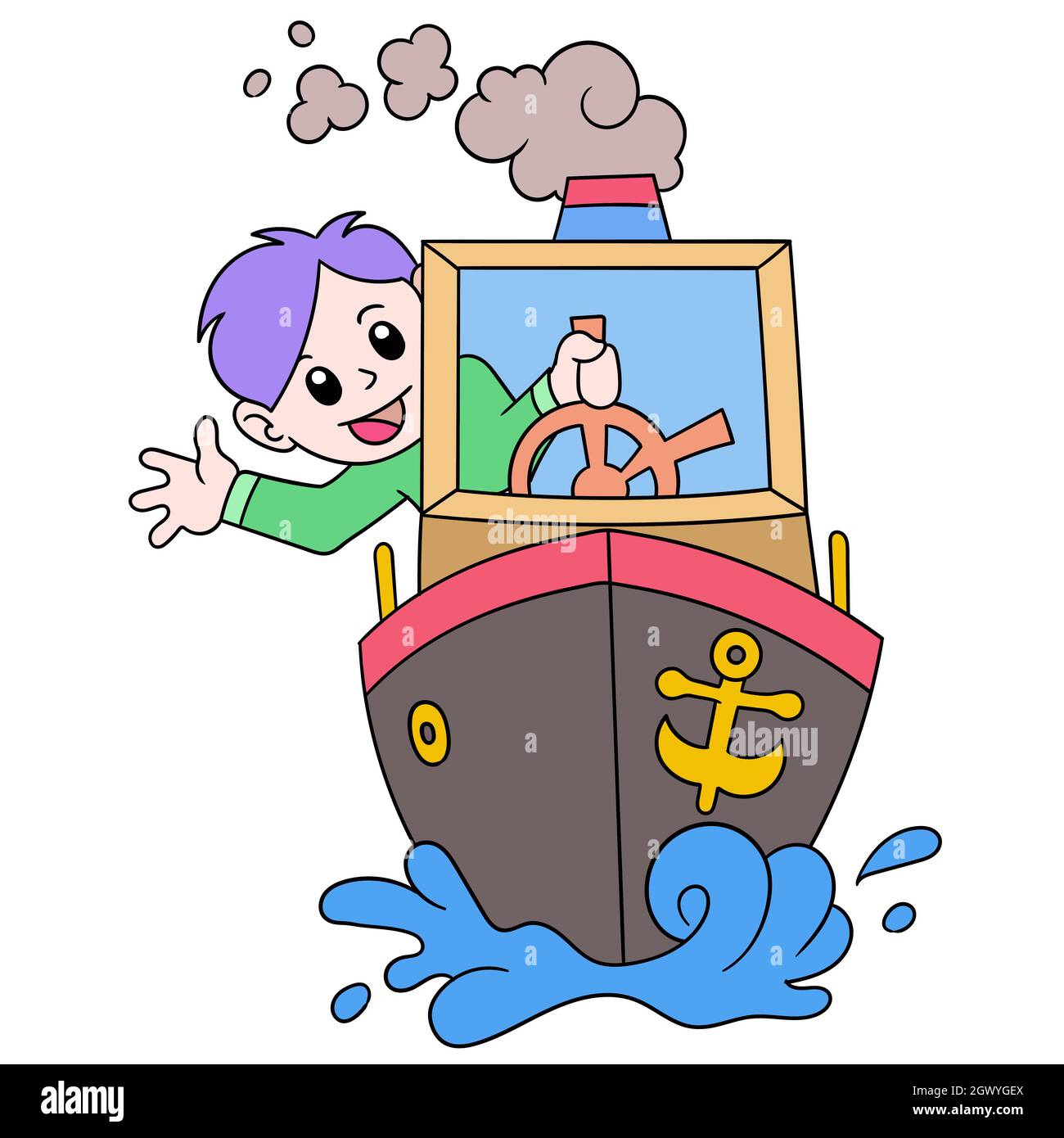 le garçon qui était à bord du navire est devenu le capitaine avec joie Illustration de Vecteur