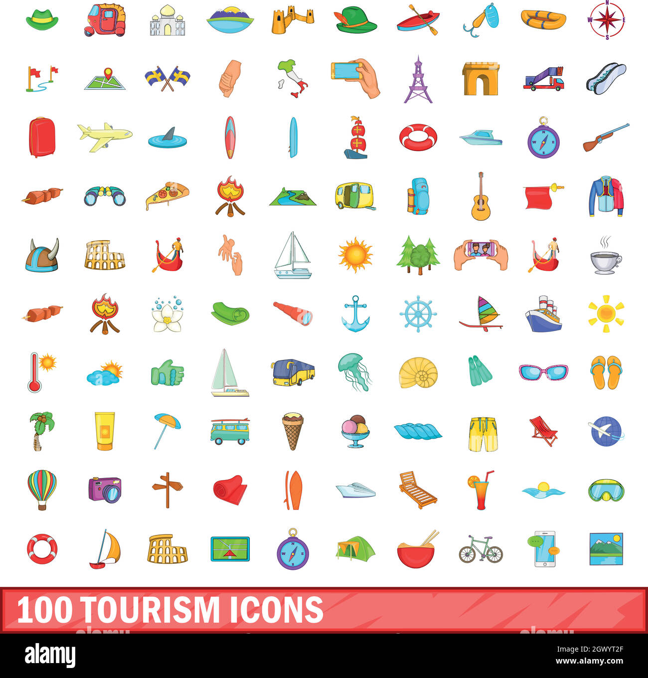 Tourisme 100 icons set, cartoon style Illustration de Vecteur