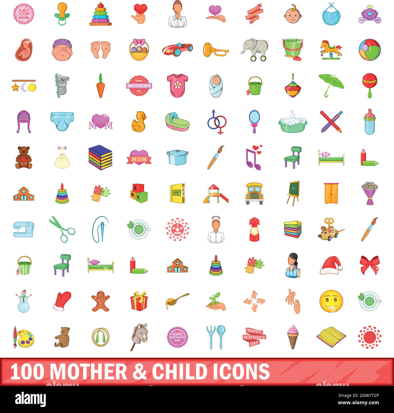 100 la mère et l'enfant, cartoon style icons set Illustration de Vecteur
